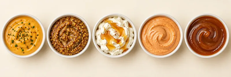 Five dips: roasted garlic beer cheese, maple wholegrain mustard, whipped feta and hot honey, smoky chipotle crema, brown butter caramel