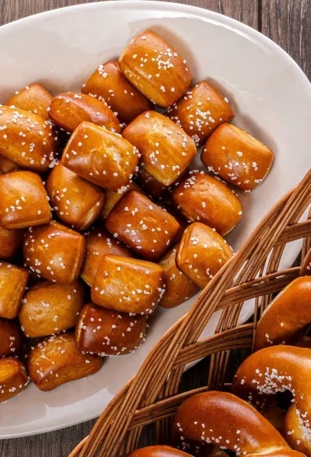 Our original salted pretzel bites in a white bowl