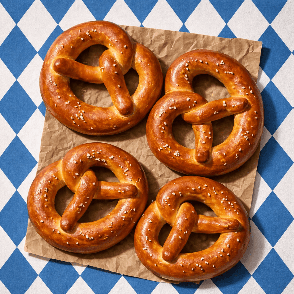 Bavarian-style soft pretzels on a Bavarian-patterned cloth