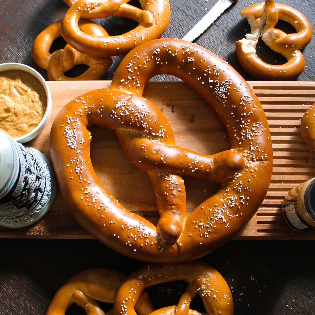 Bavarian-style soft pretzels with a cheese dip
