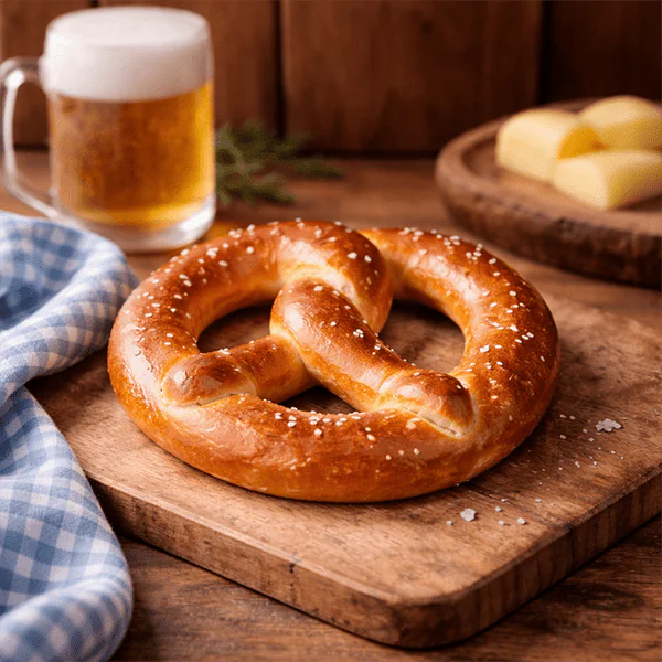 A Bavarian-style soft pretzel on a wooden board with a glass of beer