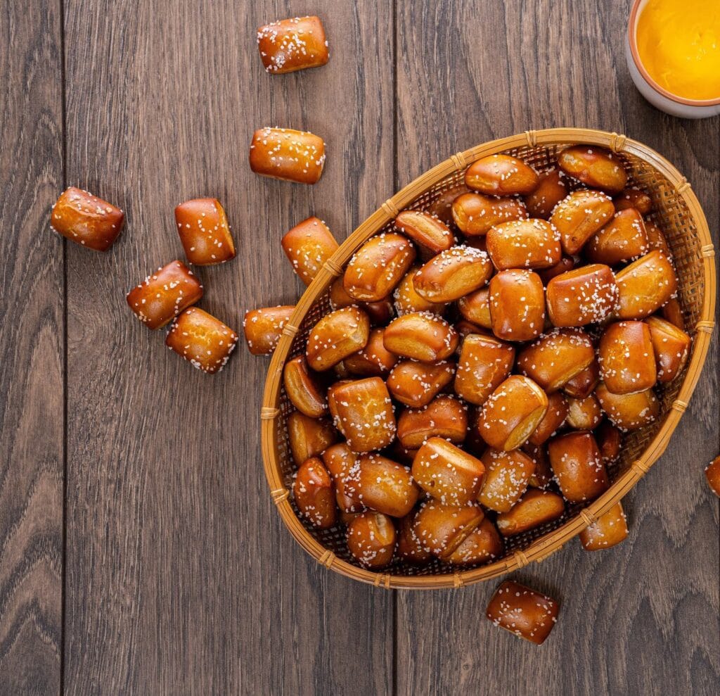 Bavarian-style soft pretzel bites in a basket with cheese dip